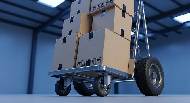 Warehouse Cart with Cardboard Boxes in Industrial Storage Area