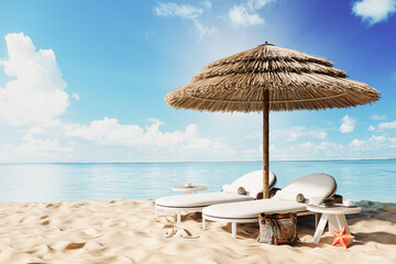 Two white deck chairs under the reed parasol on sand beach. Summer vacation concept design with copy space. 3D Rendering, 3D Illustration © hd3dsh