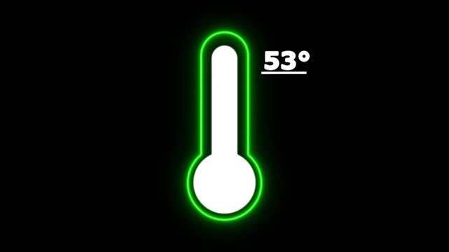 Neon Celsius thermometer displayed temperature 53 degree. Thermometer equipment showing hot or cold weather. 4K Video motion graphic animation.