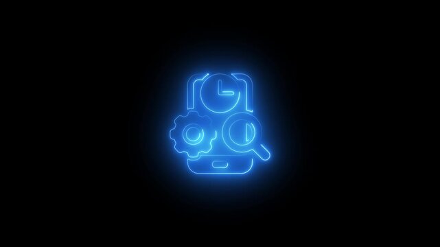 Glowing Blue Smartphone with Gear, Magnifying Glass, and Pie Chart on Black Background for Tech