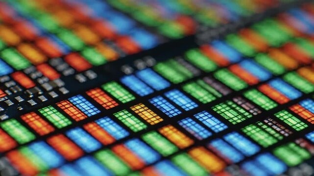 Colorful smartphone screen pixels in macro view, red green blue subpixel grid glowing with backlight, extreme closeup of digital display matrix revealing structure of modern LED technology