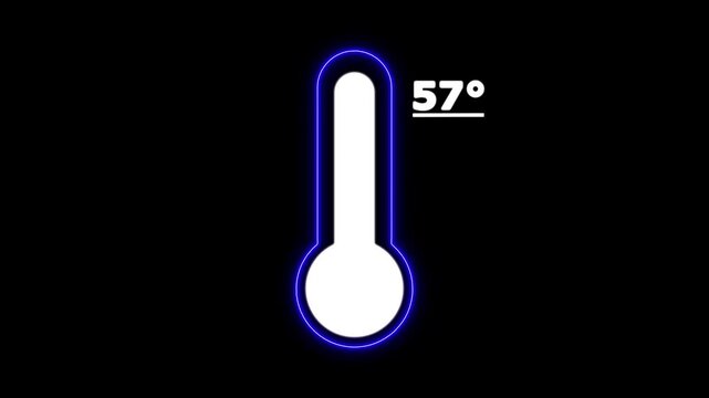 Neon Celsius thermometer displayed temperature 57 degree. Thermometer equipment showing hot or cold weather. 4K Video motion graphic animation.