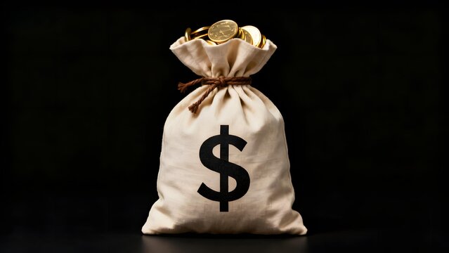 A beige cloth money bag with a dollar sign printed on it, filled with gold coins and tied with a rope, set against a black background.