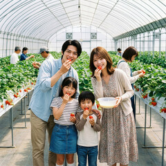 イチゴ狩を楽しむ笑顔の家族