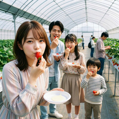 イチゴ狩を楽しむ笑顔の家族