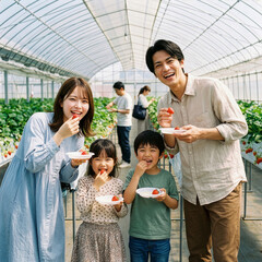 イチゴ狩を楽しむ笑顔の家族
