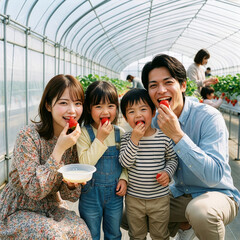 イチゴ狩を楽しむ笑顔の家族