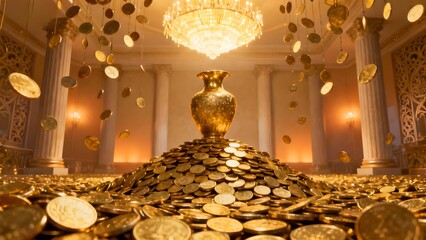 Golden coins pile in opulent hall with chandelier and columns
