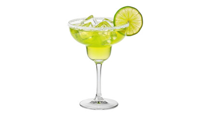 Isolated margarita cocktail in glass rimmed with salt and lime wheel garnish on rim