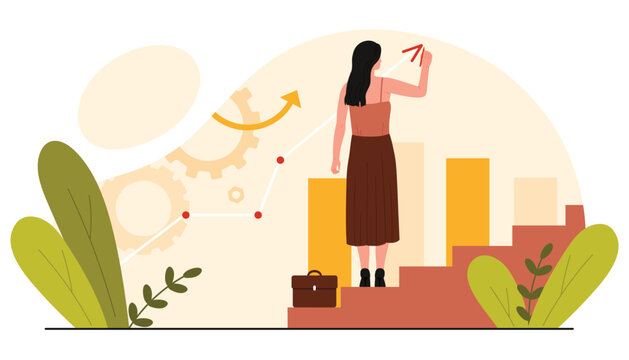 Business career growth, self management and planning, leadership. Tiny woman drawing arrow upwards with pencil, manager standing on ladder upstairs to professional success cartoon vector illustration