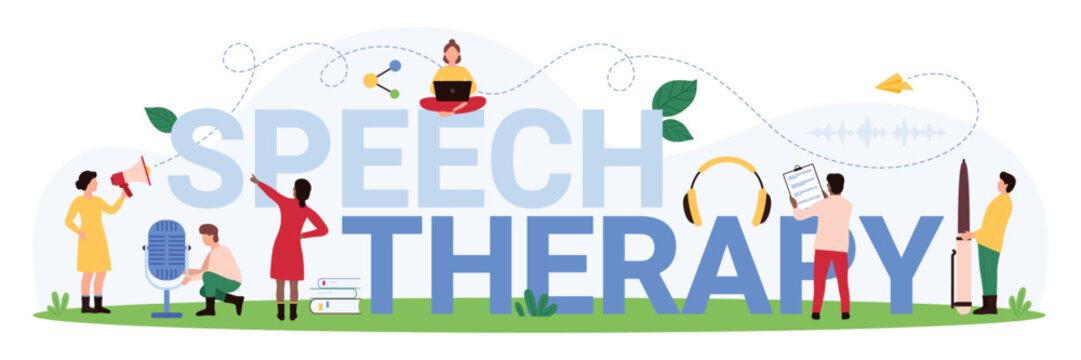 Awareness of pathology of development, pronunciation and speaking, treatment by pathologists. Speech therapy banner design with tiny people, headphones, microphone cartoon vector illustration