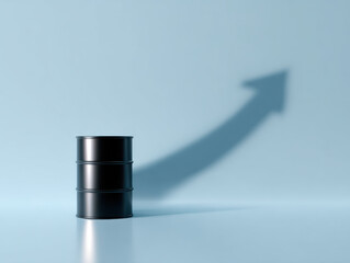 Oil barrel casting shadow shaped like upward arrow symbolizing rising oil price and market growth in minimalistic setting