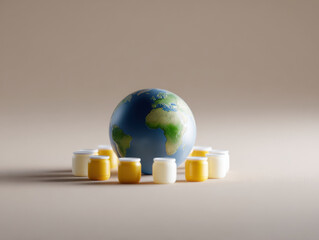 Oil price impact on global economy shown by earth globe surrounded by small yellow and white jars in soft light