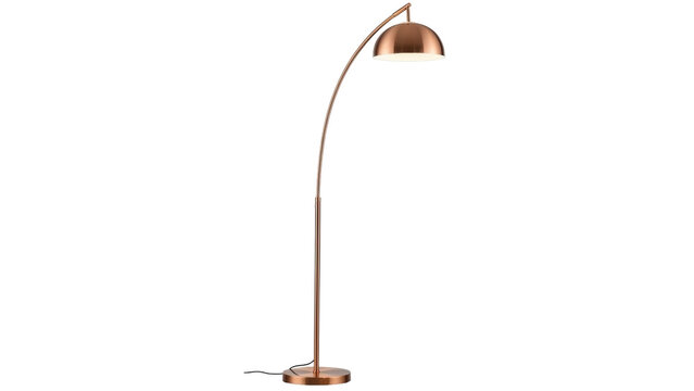 Isolated, copper-colored arch lamp with curved arm, light fixture stands up on a base floor