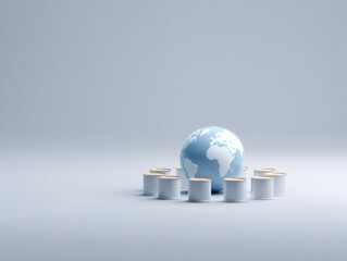 Oil price impact on global economy symbolized by globe surrounded with barrels on clean background