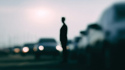 Silhouette of person standing near vehicles at dusk with oil price impact on transportation and economy