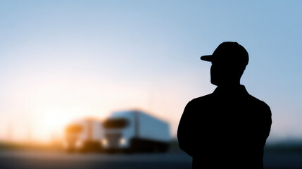 Silhouette of truck driver watching large freight trucks on road at sunset with oil price concerns in air