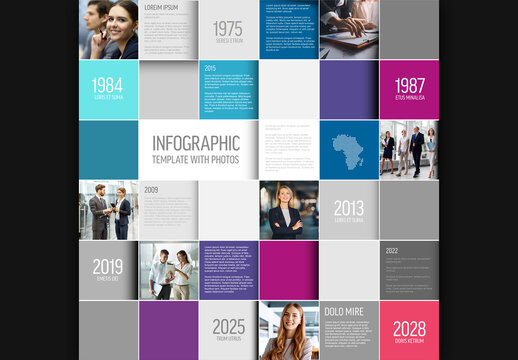 Business Infographic Template With Mosaic Photo Placeholder Grid and Timeline