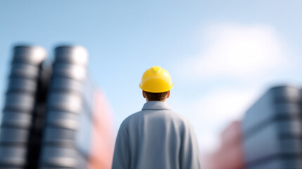 Oil price impact seen by worker wearing yellow helmet near stacked barrels under blue sky