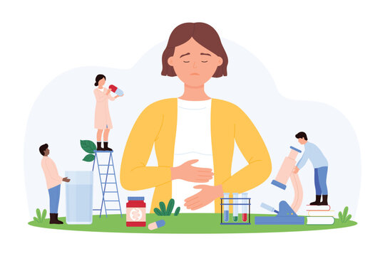 Vector illustration of tiny people using ladders and tools to address a woman abdominal pain, focusing on healthcare, medical intervention, and treatment of digestive issues.