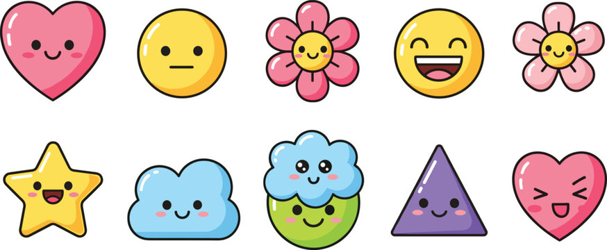 Set of cute kawaii stickers including hearts, stars, flowers, clouds and smiley faces, vector cartoon illustration