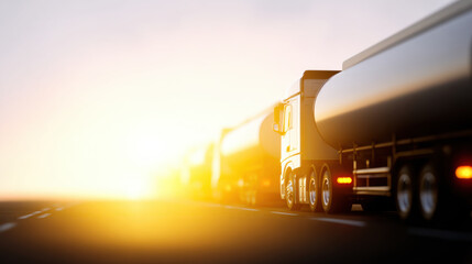 Oil price impact seen as tanker trucks transport fuel on highway at sunset with warm light and long shadows