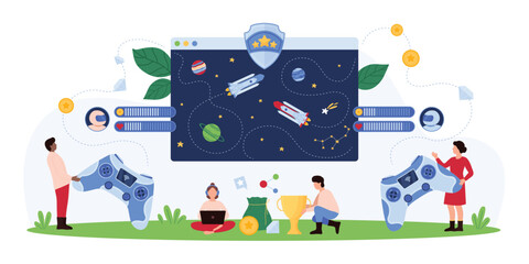 Vector illustration of tiny people playing video games with controllers and screens, representing gaming culture, entertainment, and digital interaction. © Flash Vector