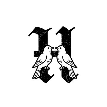 Gothic letter H with two birds facing each other