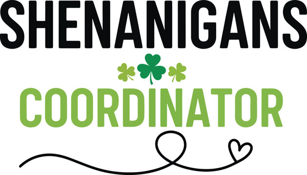 Shenanigans coordinator logo with shamrocks and heart design elements on white background