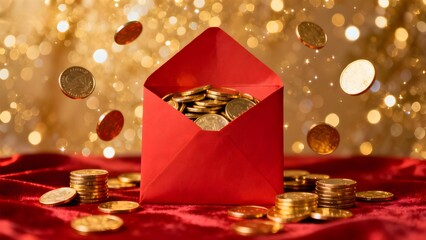 Red envelope filled with golden coins on a red fabric background with sparkling gold bokeh lights