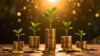 Stacks of golden coins with growing plants symbolizing financial growth and investment success