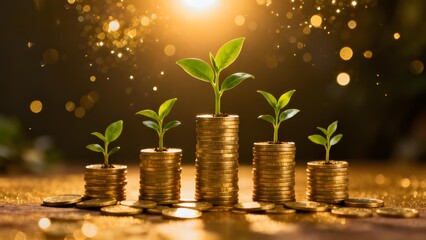 Stacks of golden coins with growing plants on top, symbolizing financial growth and investment success.