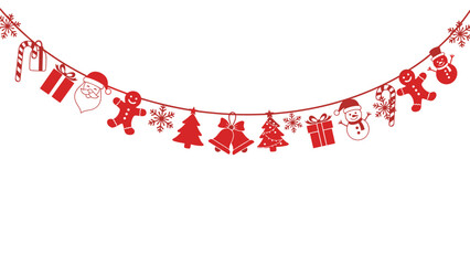 Fototapeta premium Red Christmas bunting featuring festive silhouettes like Santa, reindeer, snowflakes, and gingerbread men hanging on a string.