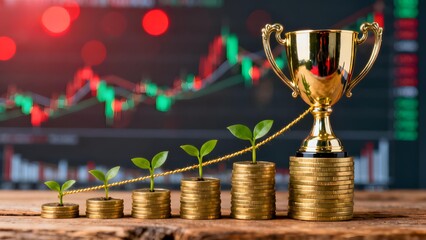 Golden trophy atop stacked coins with growing plants, symbolizing financial growth and success against a stock market chart background.