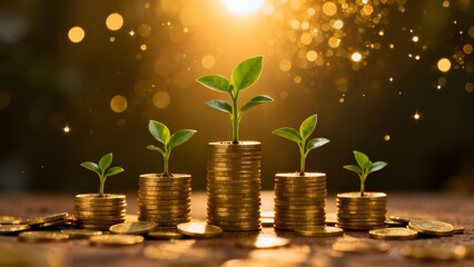 Stacks of coins with growing plants symbolizing financial growth and investment success