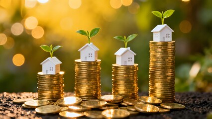 Stacks of golden coins with small houses and growing plants on top, symbolizing investment growth and real estate development.
