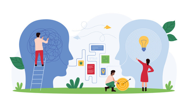 Vector illustration of tiny people promoting understanding and communication with symbolic heads and thought processes, mental clarity, empathy, and effective dialogue.