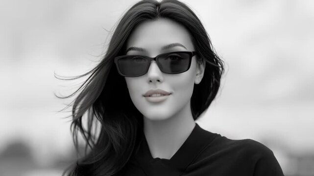 Elegant young brunette woman wearing black sunglasses in monochrome portrait, luxury fashion and eyewear advertising concept for premium brand campaigns and modern lifestyle marketing.