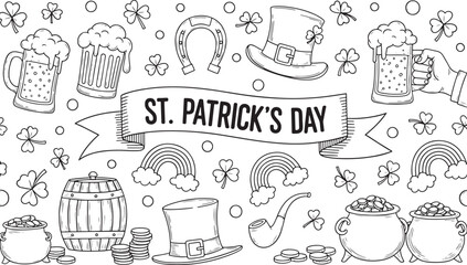 St Patricks Day celebration illustrations with shamrocks beer mugs and pot of gold coins on white background