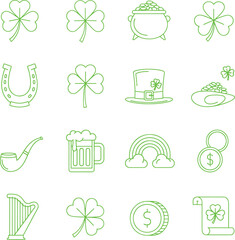 Obraz premium St Patricks Day icons set with shamrocks pot of gold coins rainbow harp and beer mug symbols of Irish culture and luck