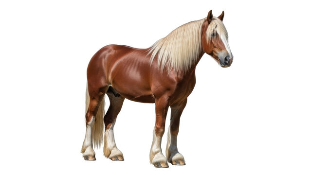Isolated brown horse stands alert with mane and tail flowing elegantly on seamless surface