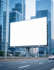 Fototapeta premium Billboard mockup. Blank white billboard. A large empty billboard stands on a busy street surrounded by tall modern buildings. The scene is urban and shows clear skies.