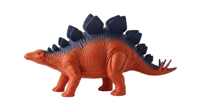 Isolated toy Stegosaurus dinosaur figure with orange and blue coloring, studio shot