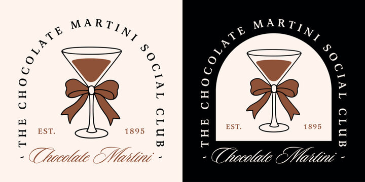 Chocolate martini cocktail lovers club logo girls night holiday party drink cacao flavor label illustration. Glass with bow black outline drawing coquette fancy girly aesthetic funny shirt design.