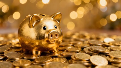 Golden piggy bank surrounded by coins with bokeh background