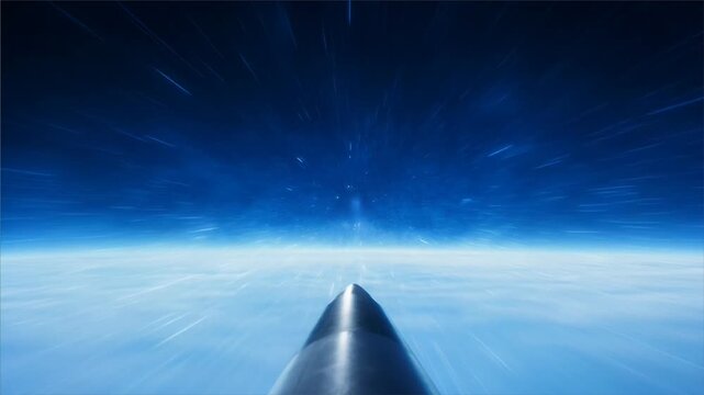 Space rocket ascending from Earth's atmosphere, accelerating into deep outer space, with a wide first-person point of view under natural sunlight.