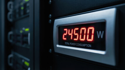 Data center energy consumption high voltage power cost display panel digital watt meter monitoring equipment server rack modern technology efficiency warning glow electricity usage business concern