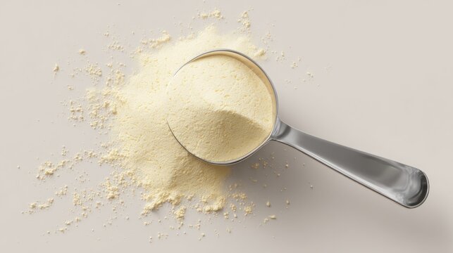 Pale yellow protein powder in a metal scoop, spilling slightly onto a light grey surface