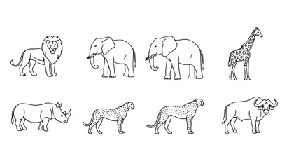 A set of eight black and white line art illustrations of various wild animals, including a lion, elephant, giraffe, rhinoceros, leopard, and buffalo. © Neoviz Studio
