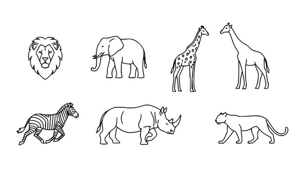 A minimalist vector graphic illustration of various wild animals in a simple line art style